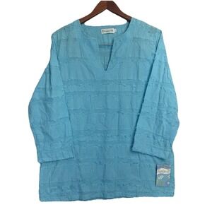NWT Lulu-B L Blue Textured Cotton Tunic Top Fringe Floral Embroidery Boho L